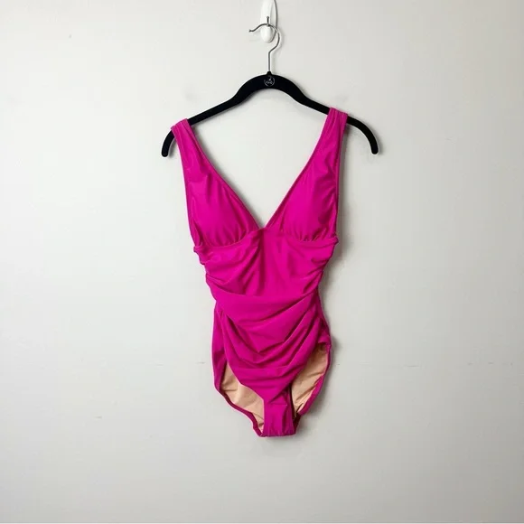 Jcrew Ruched Plunge Neckline One Piece Swimsuit Pink - Picture 4 of 8